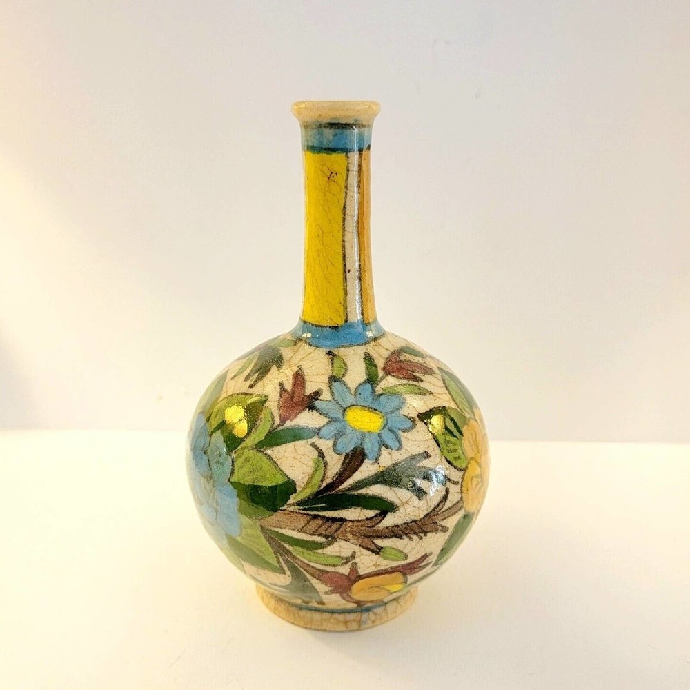 Antique Persian Pottery Glazed Qajar Vase with Long Neck 7"